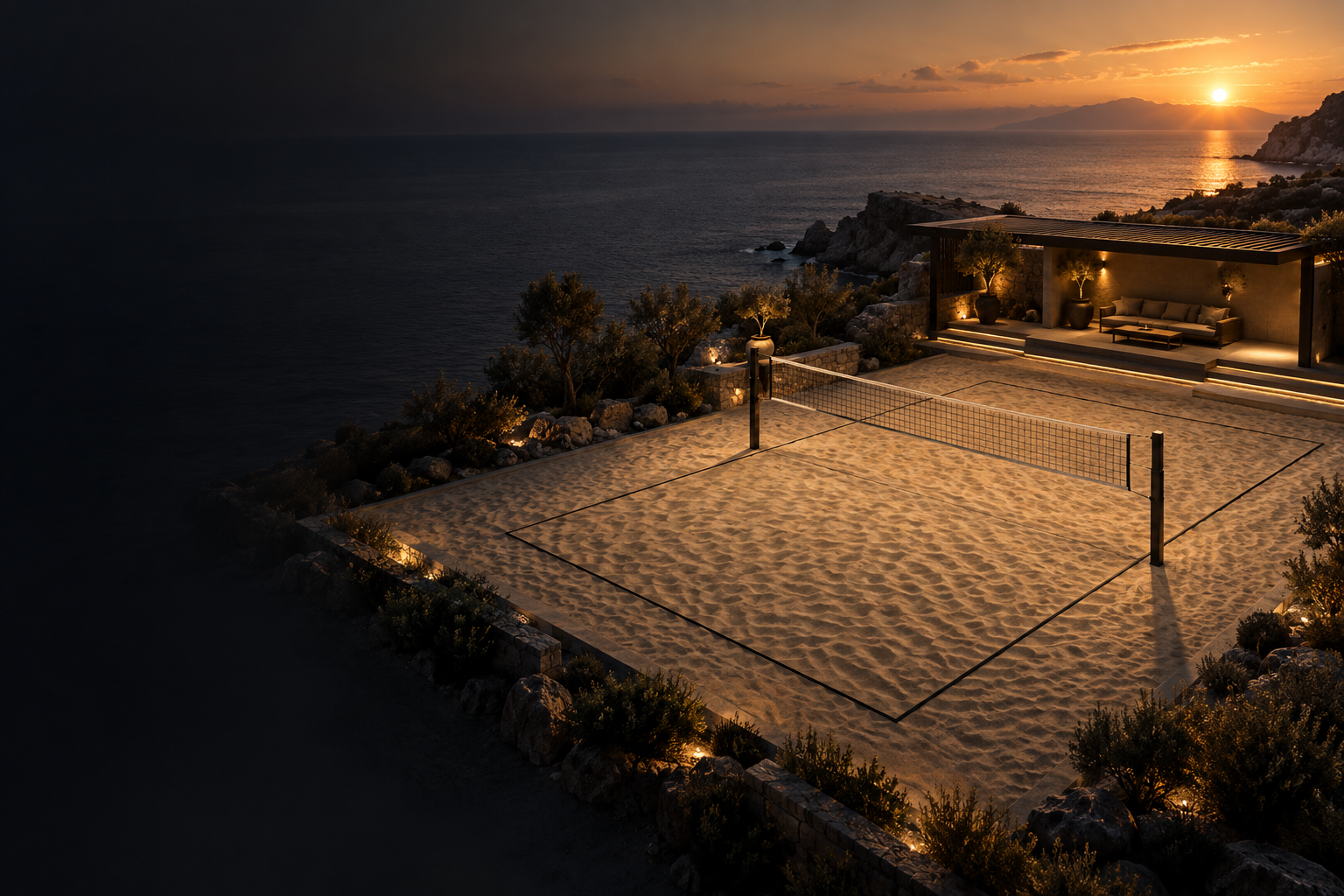 Illustrazione generata con AI di un campo da beach volley immaginario sul mare: non raffigura il Sicily Beach Center reale